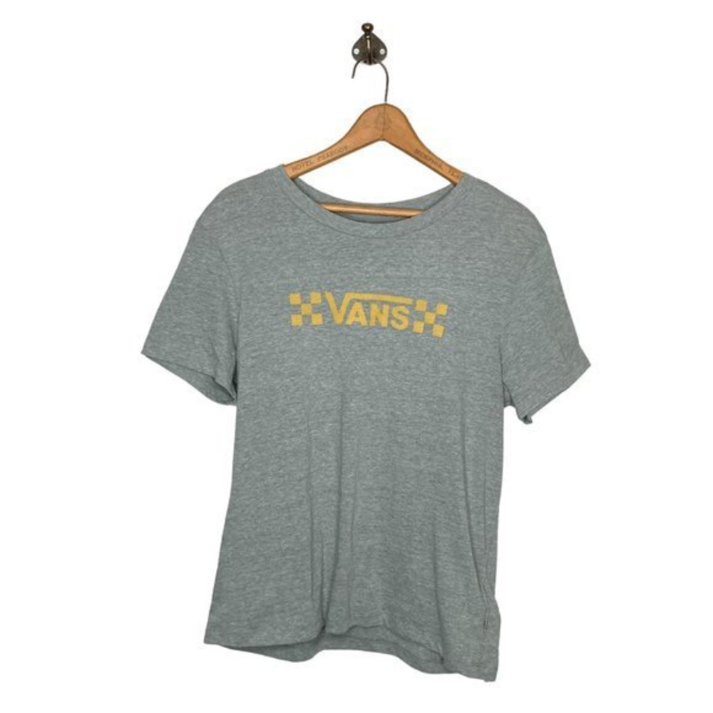 Vans Women's XL Gray Yellow Cotton Blend Checkerboard Logo Graphic Tee T-Shirt‎